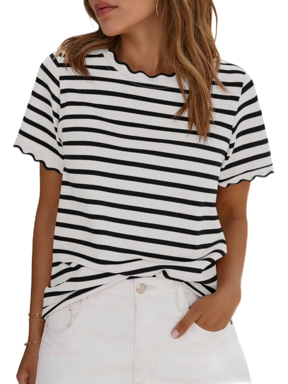 Scallise™ – Scalloped Neck & Sleeve Striped T-Shirt + 50% OFF - Image 7