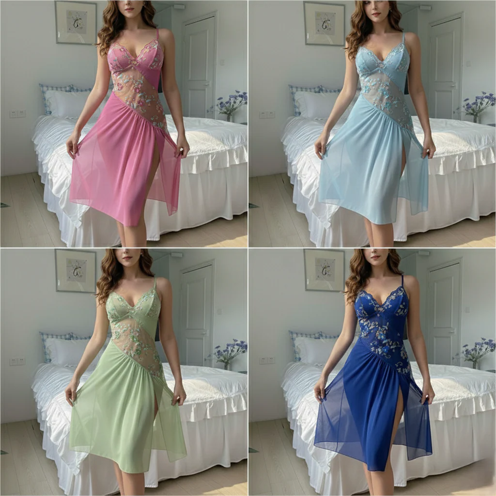 Florenne™ – Floral Embroidered Sheer Panel High Slit Nightgown + 50 % OFF - Image 7
