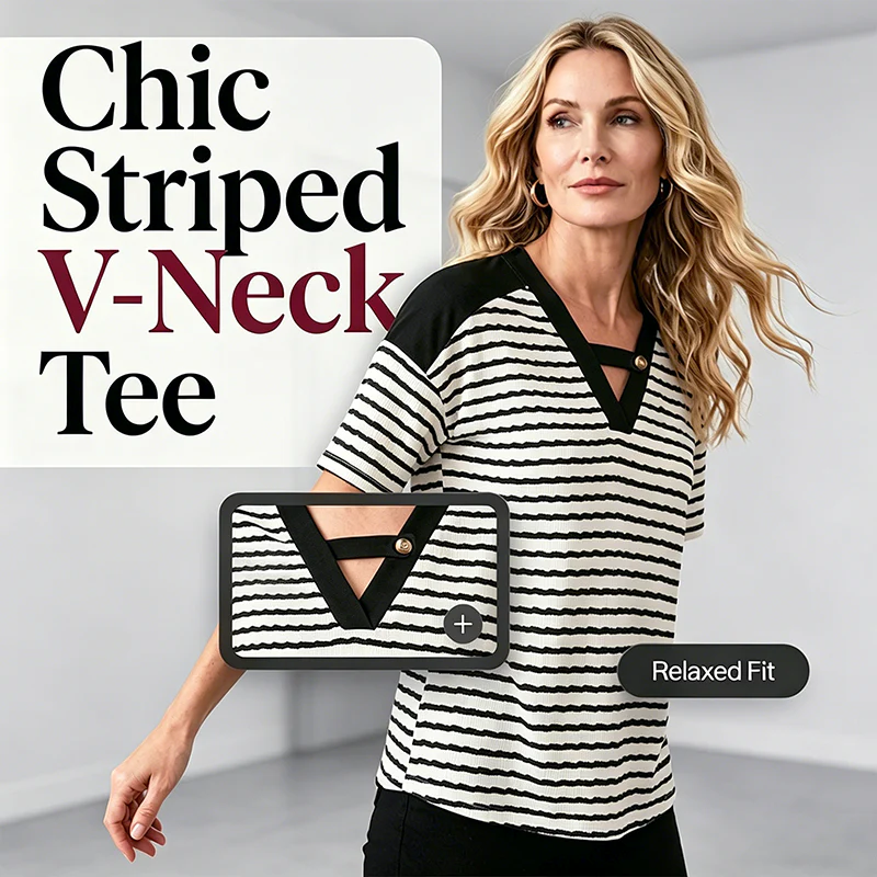 Soliane™ – Criss-Cross V-Neck Striped Color-Block Tee + 50% OFF
