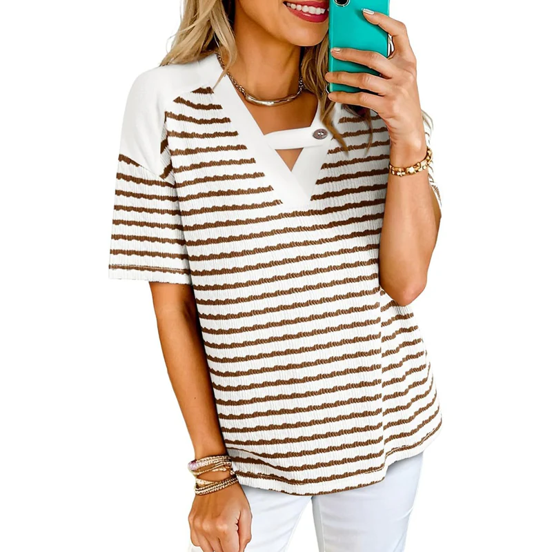 Soliane™ – Criss-Cross V-Neck Striped Color-Block Tee + 50% OFF - Image 13