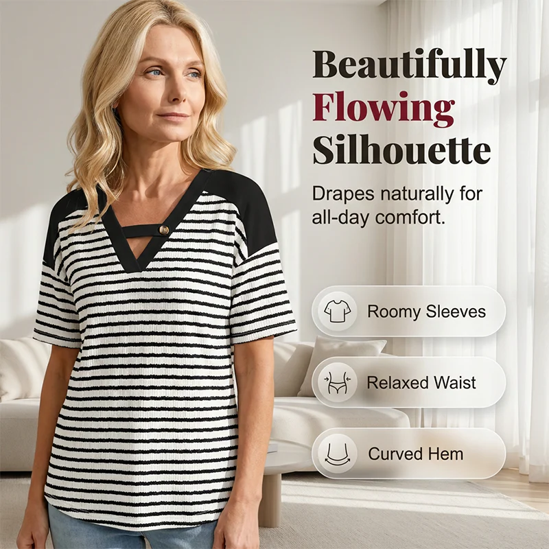 Soliane™ – Criss-Cross V-Neck Striped Color-Block Tee + 50% OFF - Image 2