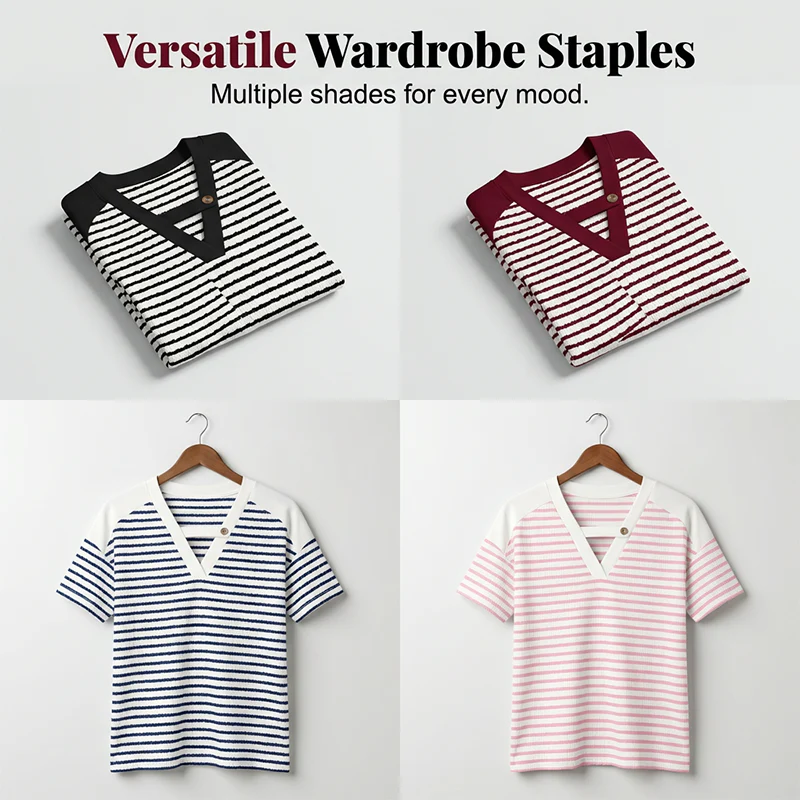 Soliane™ – Criss-Cross V-Neck Striped Color-Block Tee + 50% OFF - Image 7