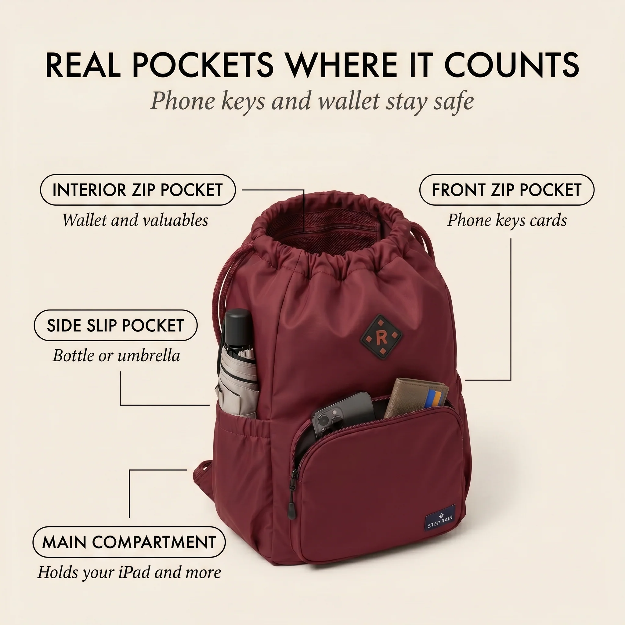 Stowa™ – Waterproof Drawstring Sport Backpack with Zippered Pockets & Adjustable Straps + 50% OFF - Image 5